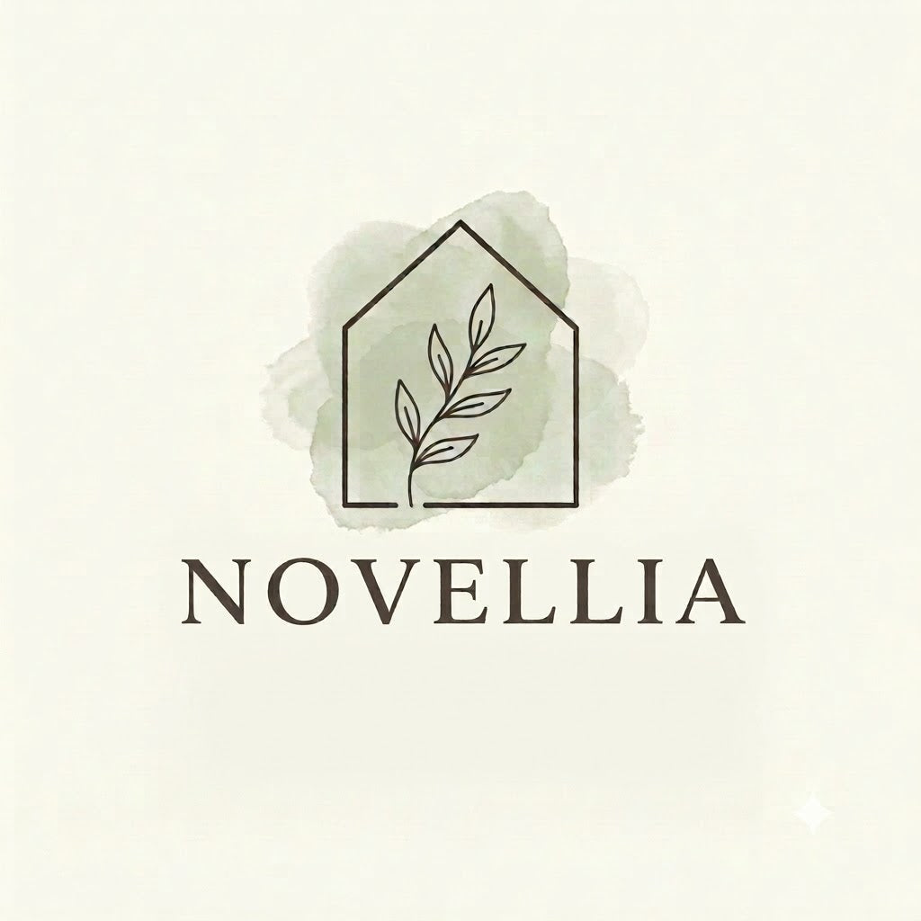Novellia brand logo with line art house, botanical sprig, and sage green watercolor aesthetic for home decor blog