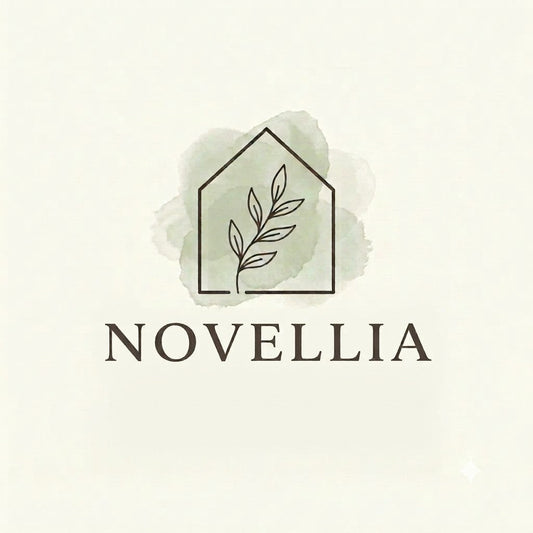 Novellia brand logo with line art house, botanical sprig, and sage green watercolor aesthetic for home decor blog