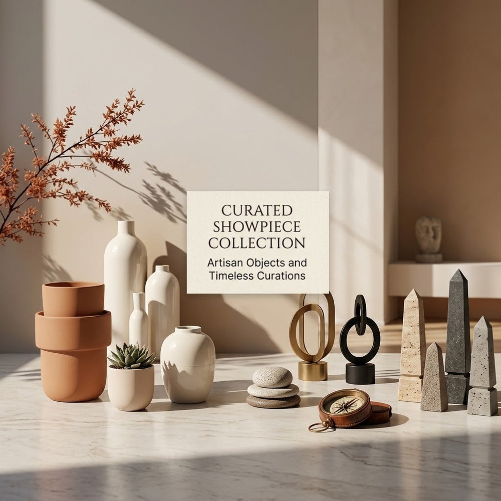 Curated showpiece collection featuring ceramic vases, terracotta pots, stone obelisks, and luxury home decor accents