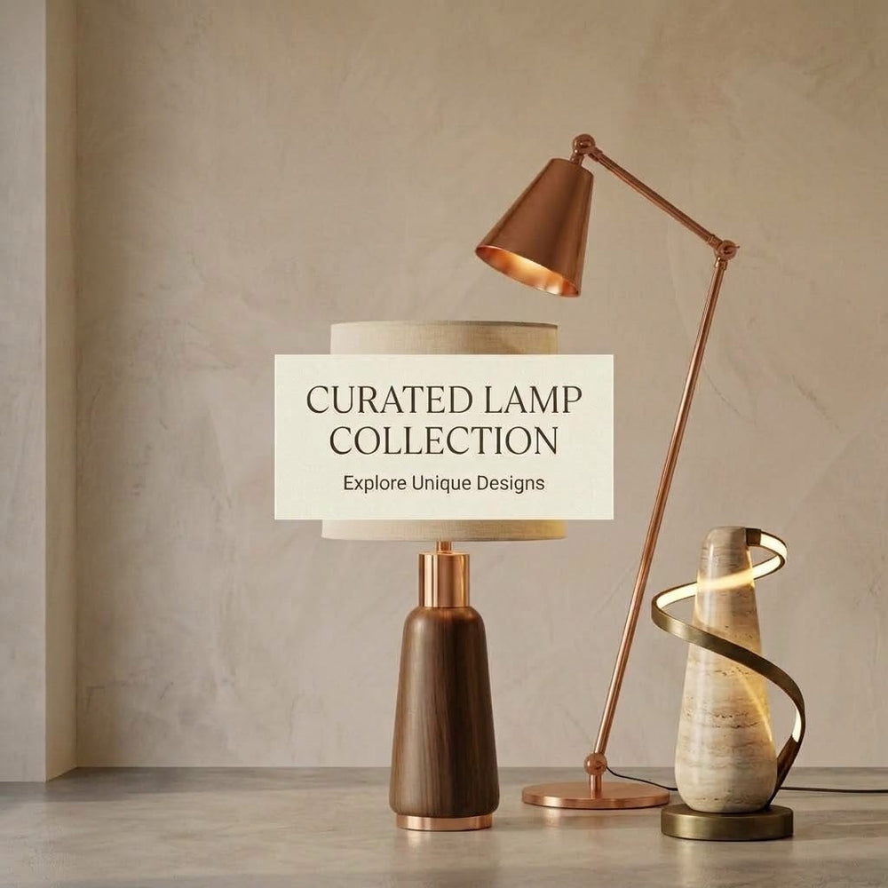 Luxury lighting decor with mid-century wooden table lamp, metallic copper reading lamp, and contemporary marble desk light