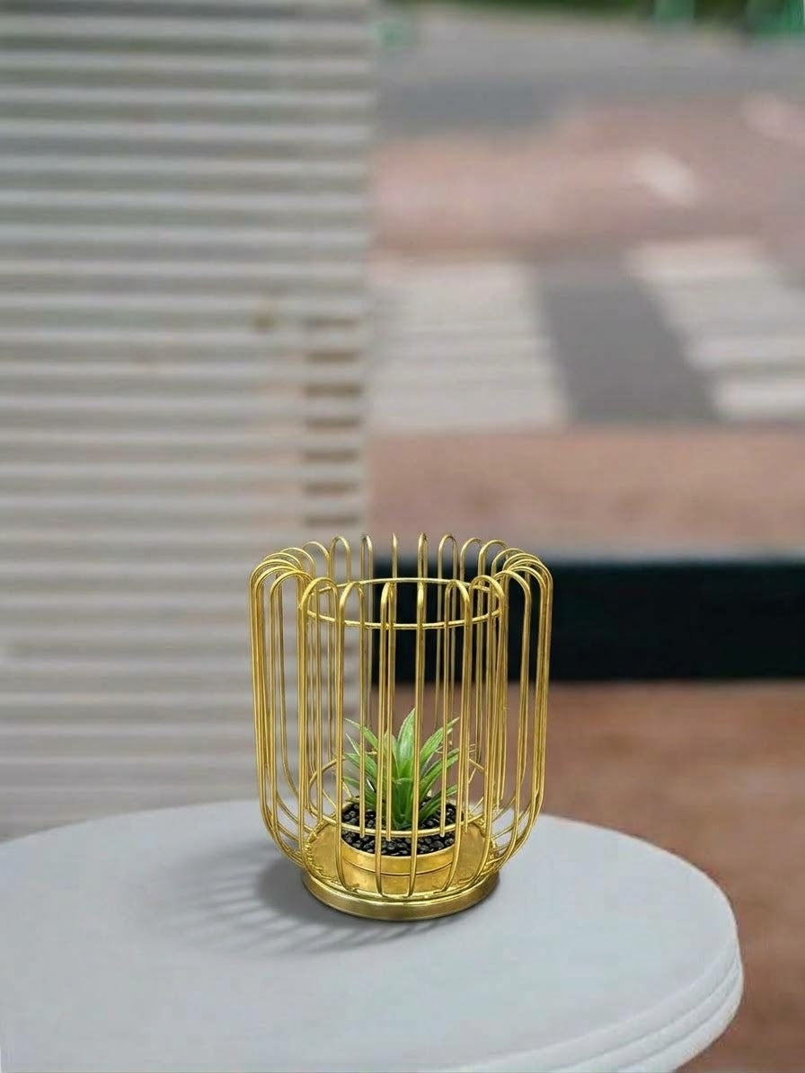 Best/Primary Option: Modern gold wire cage decorative candle holder with artificial succulent planter on table