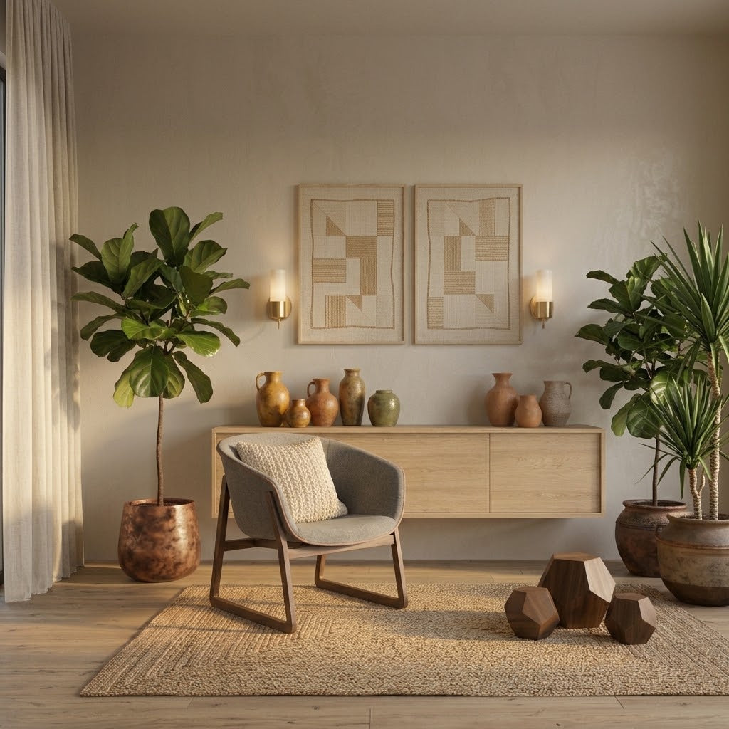 A styled interior room scene with a light wood console table, gray upholstered accent chair with a knit pillow, two potted fiddle-leaf fig plants, wall sconces, two framed abstract artworks, and a woven rug on a wood floor.